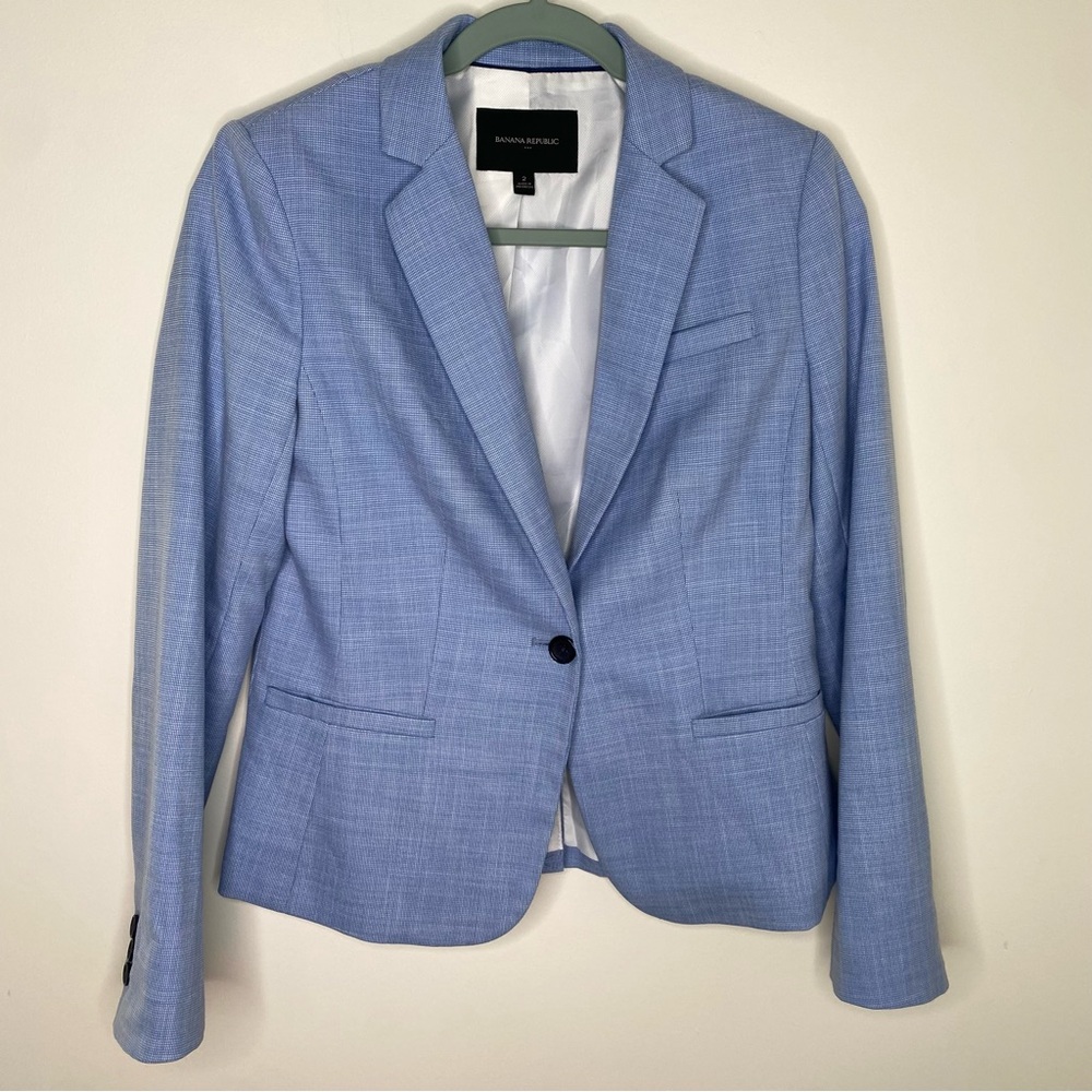 NWOT Banana Republic Classic Fit Chambray Blue Micro Plaid Blazer Sz 2